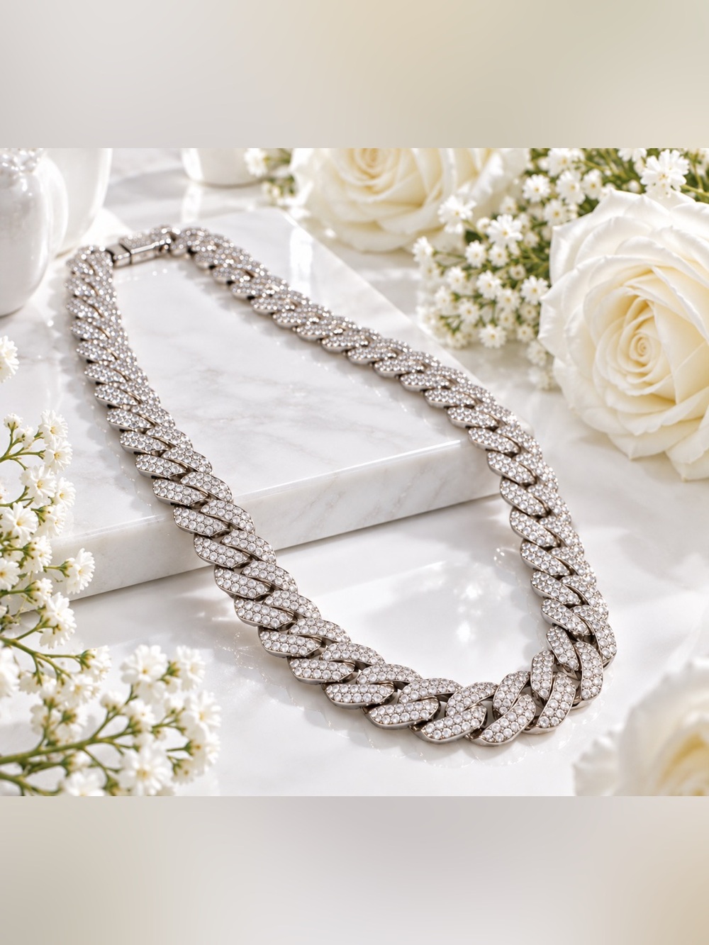 Elegant Pavé Cuban Link Necklace - Silver Crystal Finish